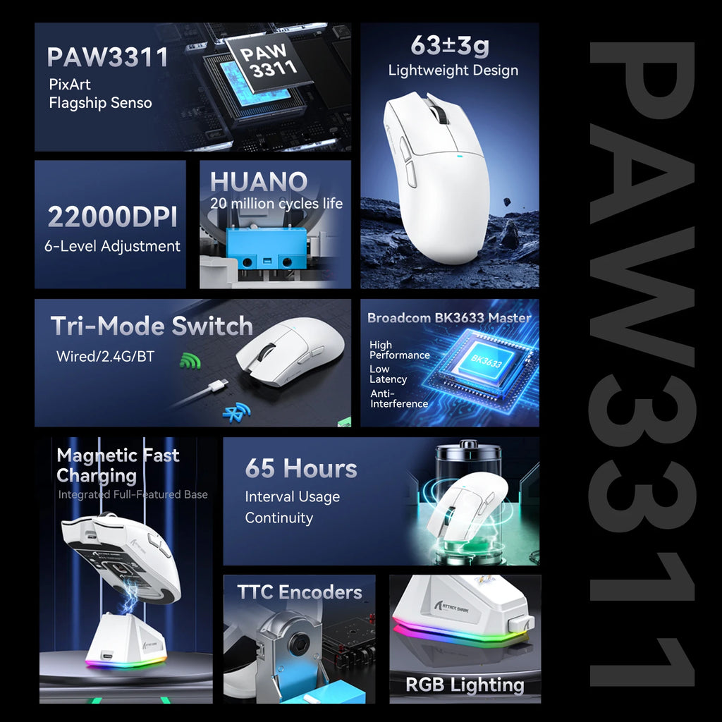 Attack Shark X11 Gaming Mouse,Tri-Mode Connection, PixArt PAW3311, Touch Magnetic Charging Base, Wireless Mouse