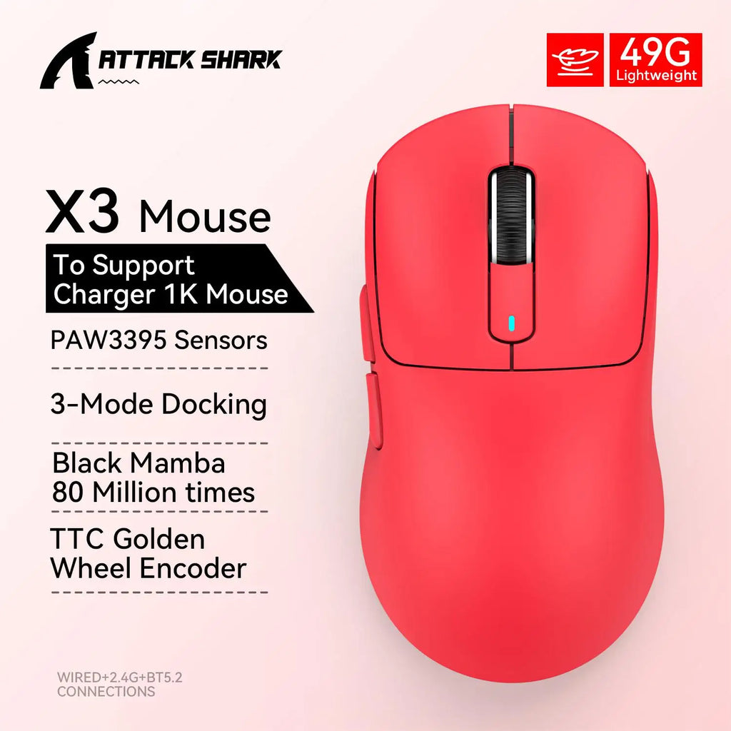 ATTACK SHARK X3 Lightweight Mouse Wireless Bluetooth Tri-Mode Connection,PAW3395,Macro Bluetooth Mouse for Gaming